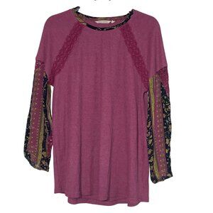 Soft Surroundings Waffle Knit Thermal Mixed Media Lace Top Sz LG Boho Festival